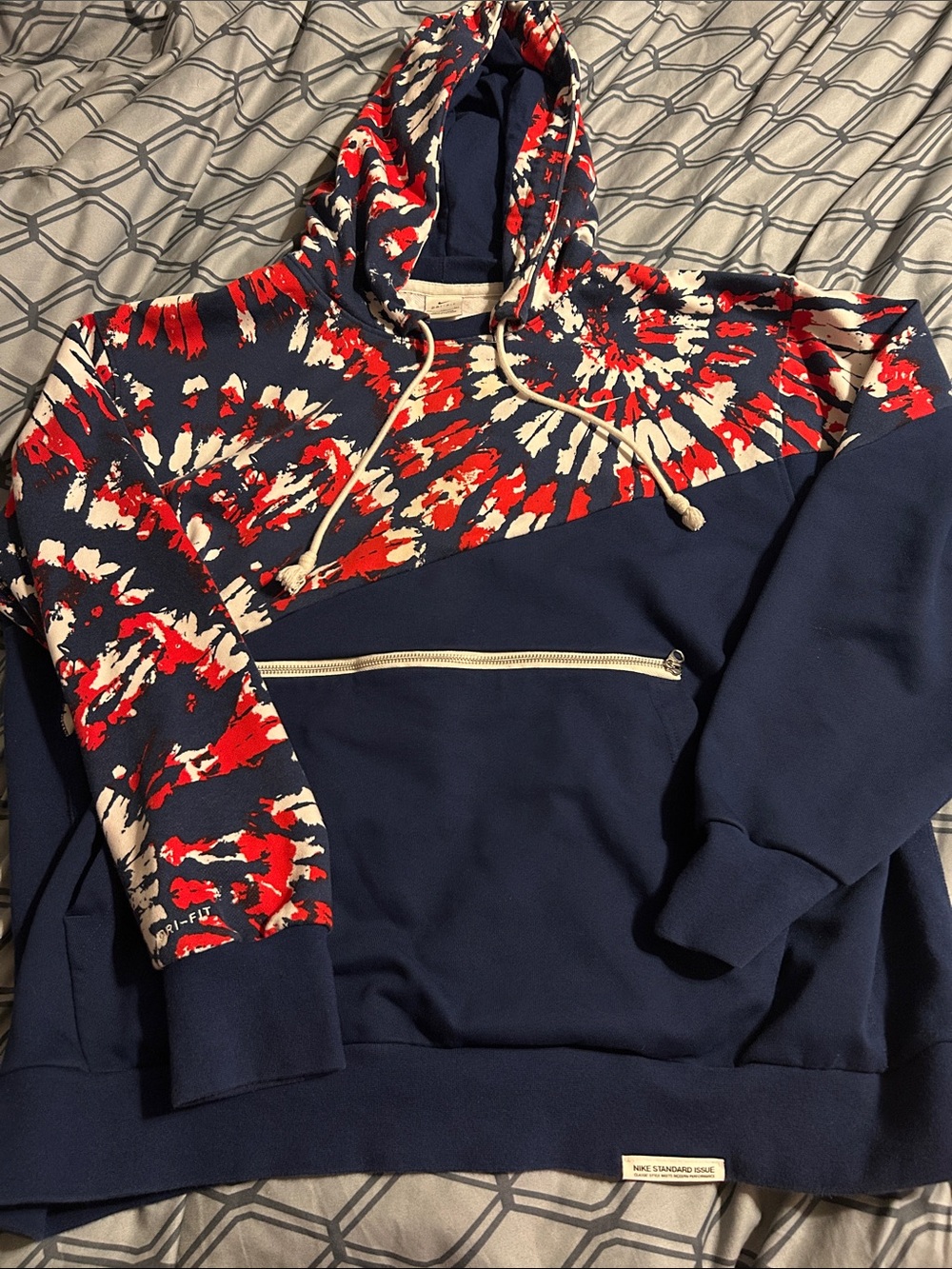 Nike Men’s Navy Tie-Dye Zip Hoodie with Red and Cream Accents